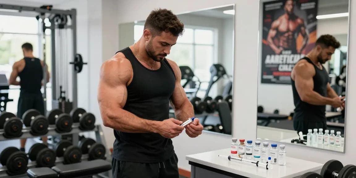 Anabolika Shop: Athlet bereitet sich auf Injektion im Fitnessstudio vor, umgeben von sportlichen Geräten und Motivationspostern.