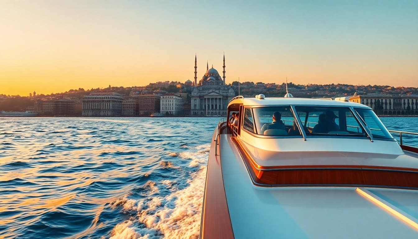Erlebe die Istanbul Bosphorus cruises auf einem luxuriösen Boot mit Blick auf die historische Skyline.