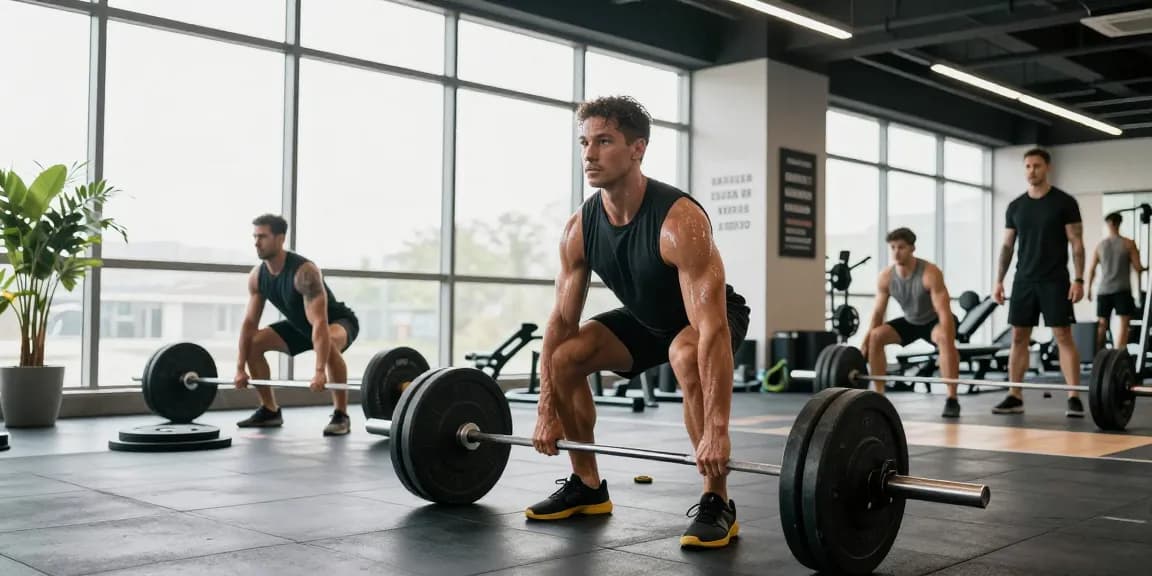Trainierender Sportler im Selliza Shop Fitnessstudio, der mit perfekten Bewegungen Gewicht hebt und ein motivierendes Umfeld genießt.
