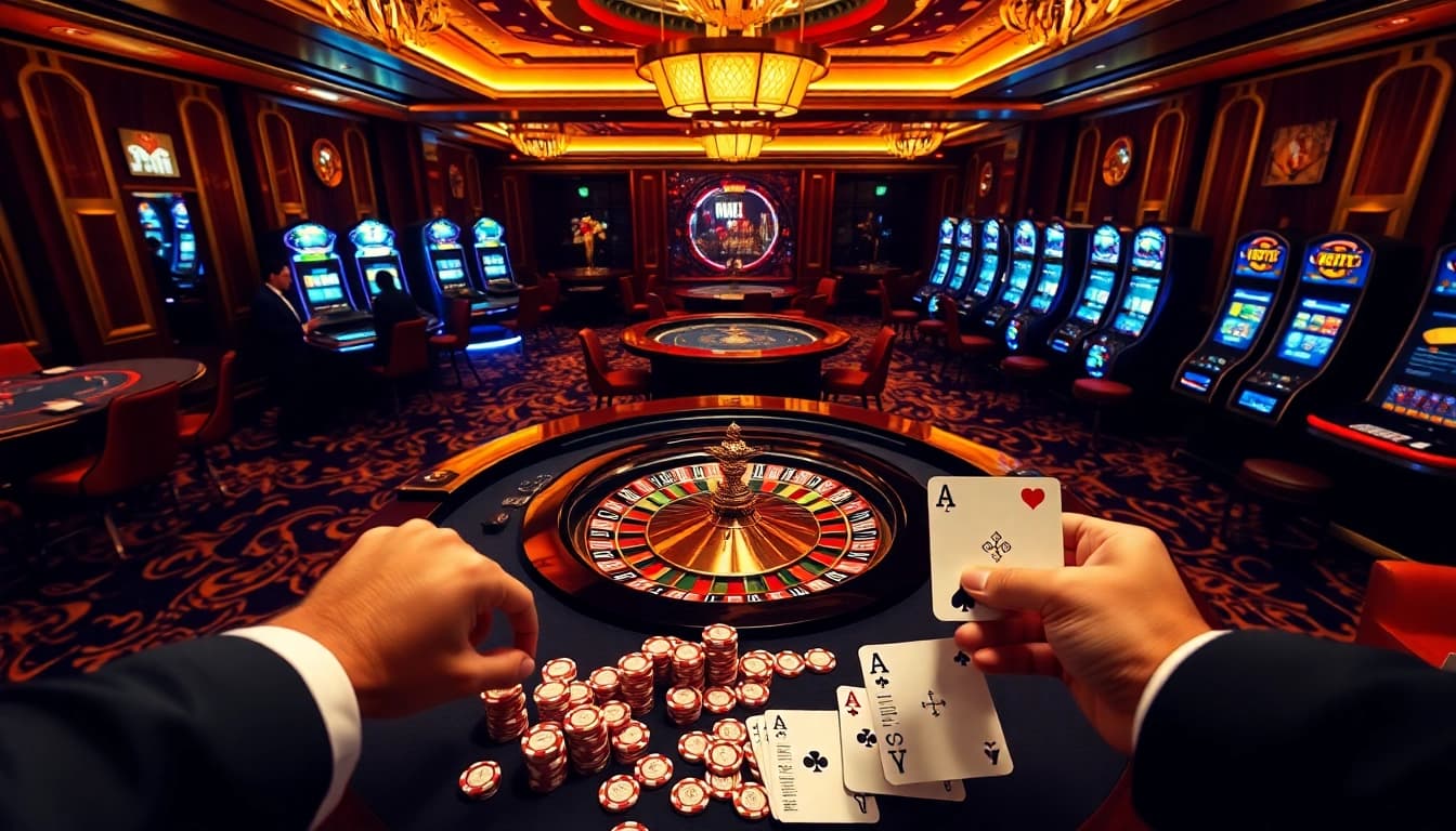 Players enjoy intense BDTK1 action at a vibrant casino table with poker chips.