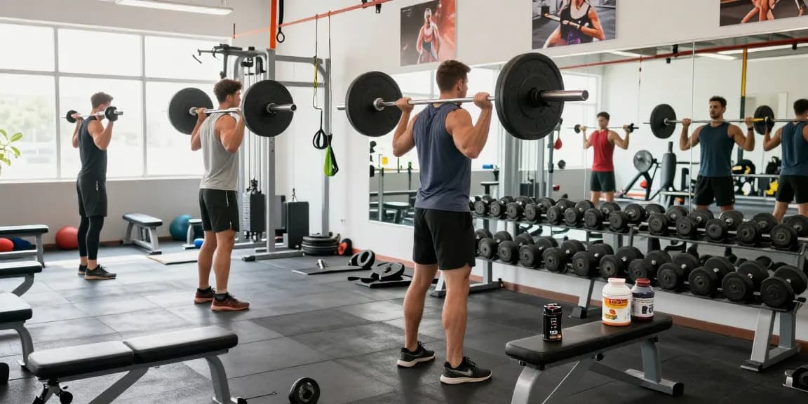 Anabolika kaufen im Fitnessstudio mit Bodybuilder beim Gewichtheben für Muskelwachstum