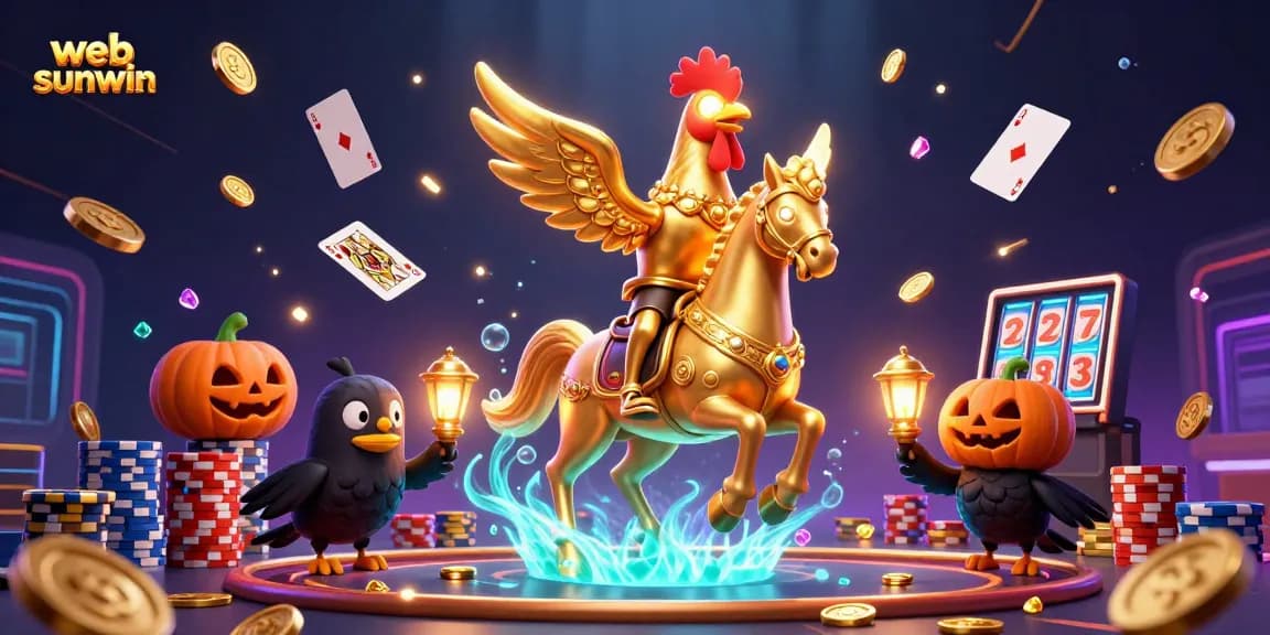 Experience the excitement of web sunwin with a golden rooster and spectral horse in a vibrant casino scene.