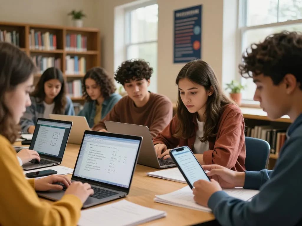 Studierende nutzen technische Lösungen, um in einer kollaborativen Bibliotheksumgebung Hausaufgaben zu lösen.