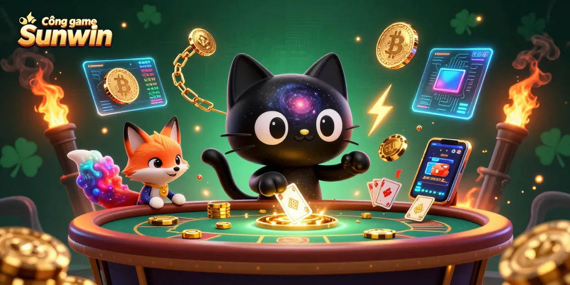 Engage in the exciting Cổng game Sunwin with vibrant 3D casino illustration showcasing unique characters and elements.