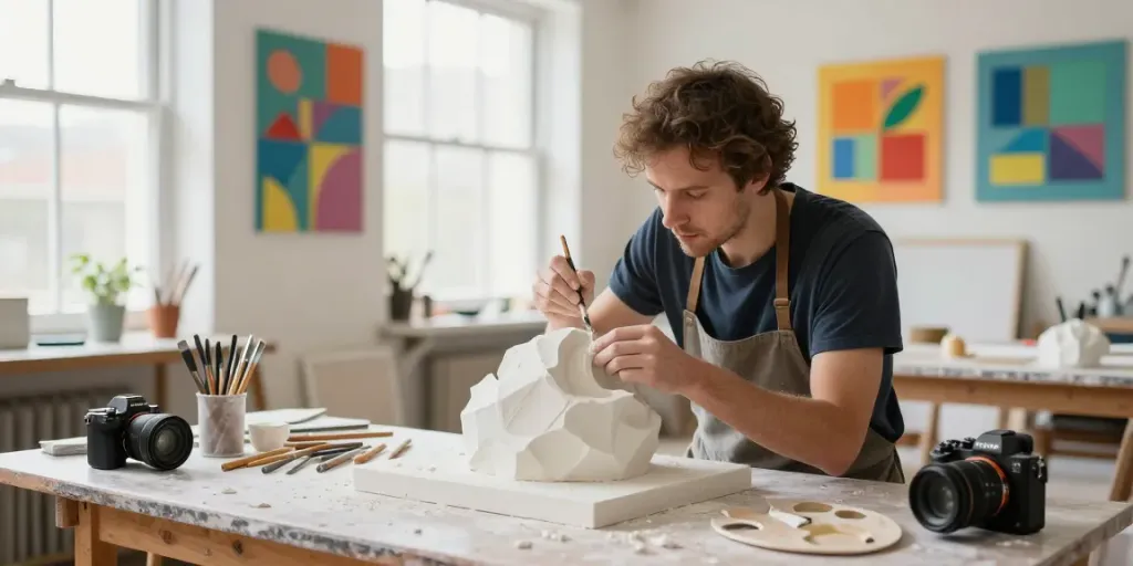 Arbeiter beim Skulpturenbau in hellem Atelier mit Werkzeugen und Kunstwerken.