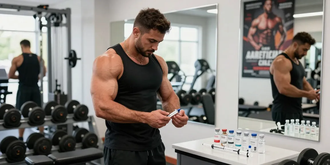 Anabolika Shop: Athlet bereitet sich auf Injektion im Fitnessstudio vor, umgeben von sportlichen Geräten und Motivationspostern.