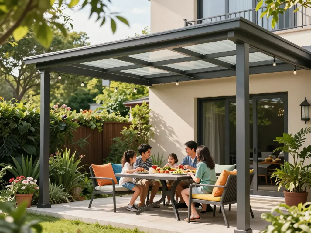 Moderne Terrassenüberdachung Struktur, die das Ess-Erlebnis im Freien mit der Familie in einem lebendigen Garten verbessert.