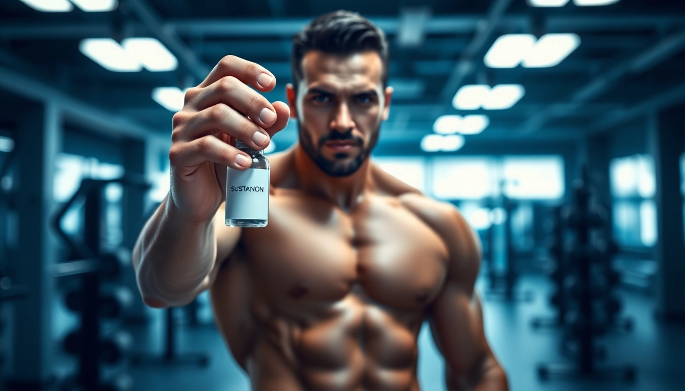 Sustanon kaufen: A fit model highlighting a vial of sustanon in a modern gym setting.