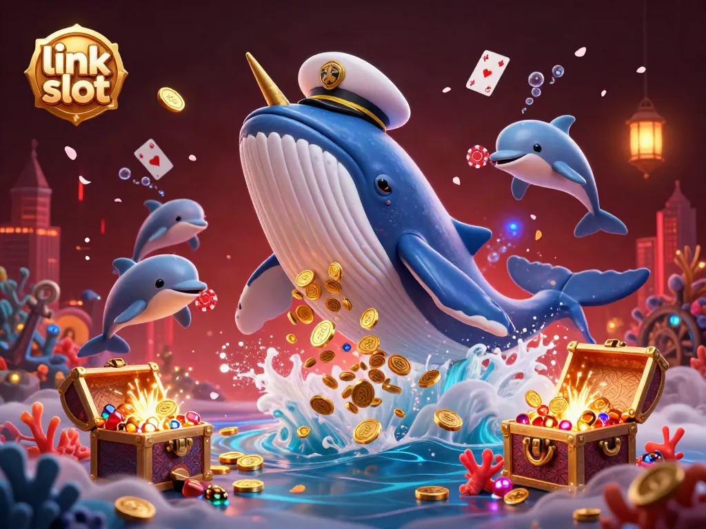 Experience thrilling jackpots with link slot as a cartoon whale, narwhal, and dolphins celebrate amidst swirling poker chips and gold coins.