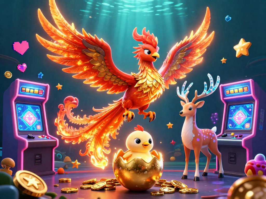 Engage with 78winel in this vibrant, lively casino scene featuring a phoenix and mystical stag.
