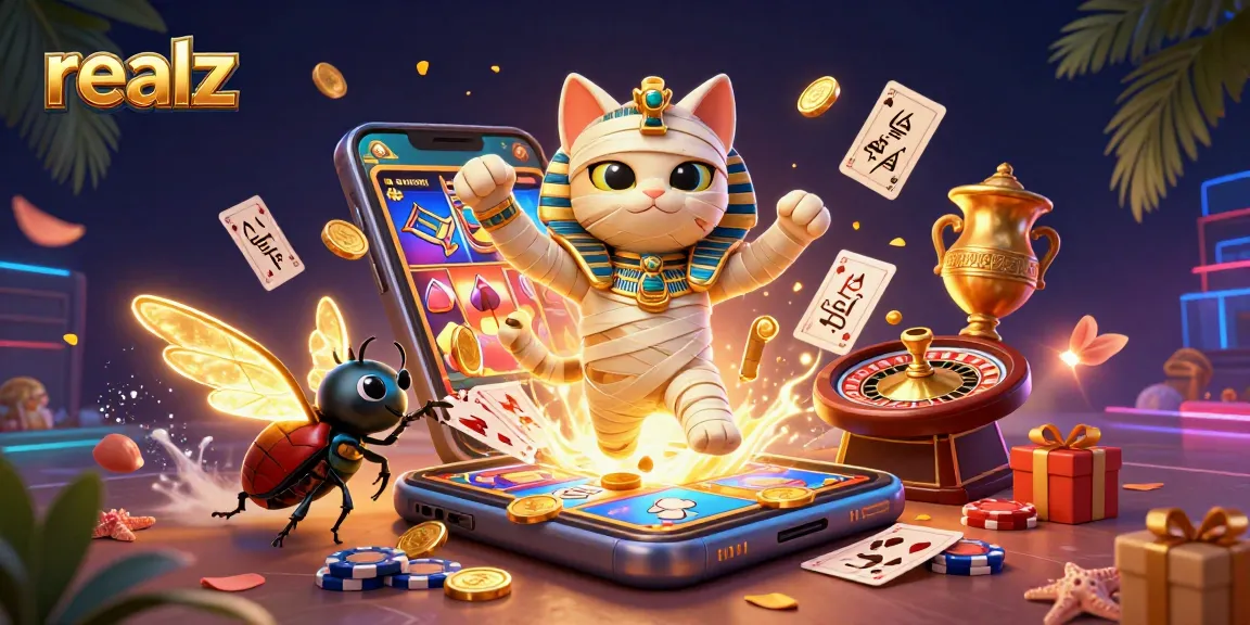 Experience the excitement at REALZ casino with a vibrant mummy cat and golden scarab.