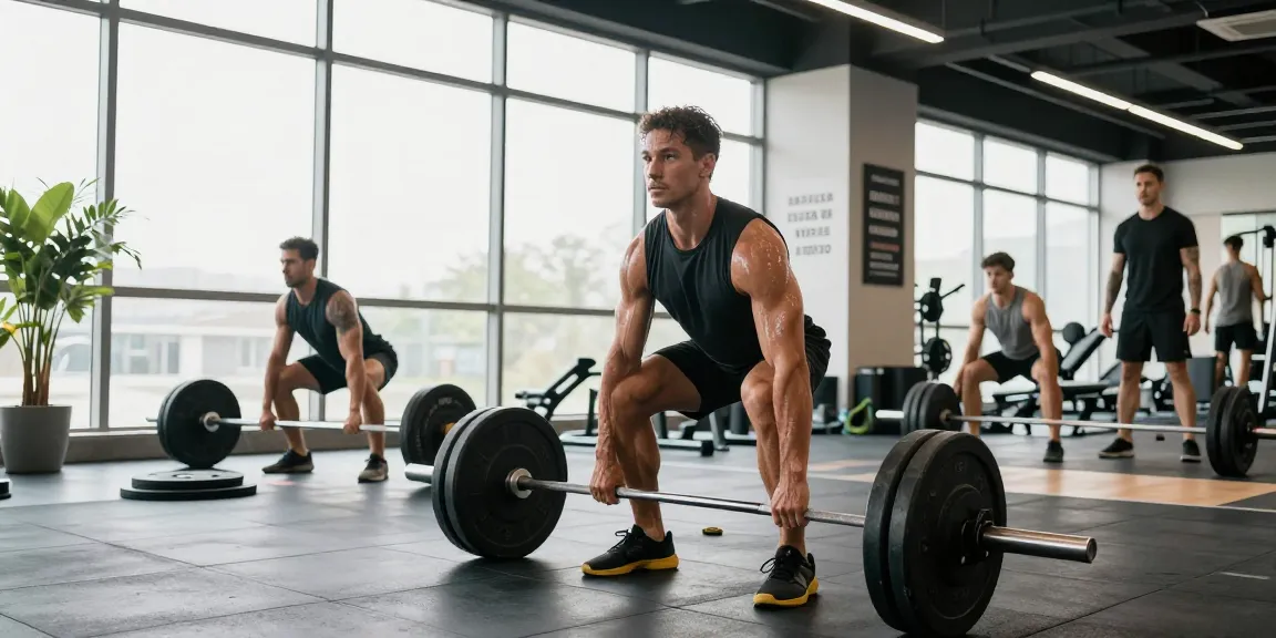 Trainierender Sportler im Selliza Shop Fitnessstudio, der mit perfekten Bewegungen Gewicht hebt und ein motivierendes Umfeld genießt.