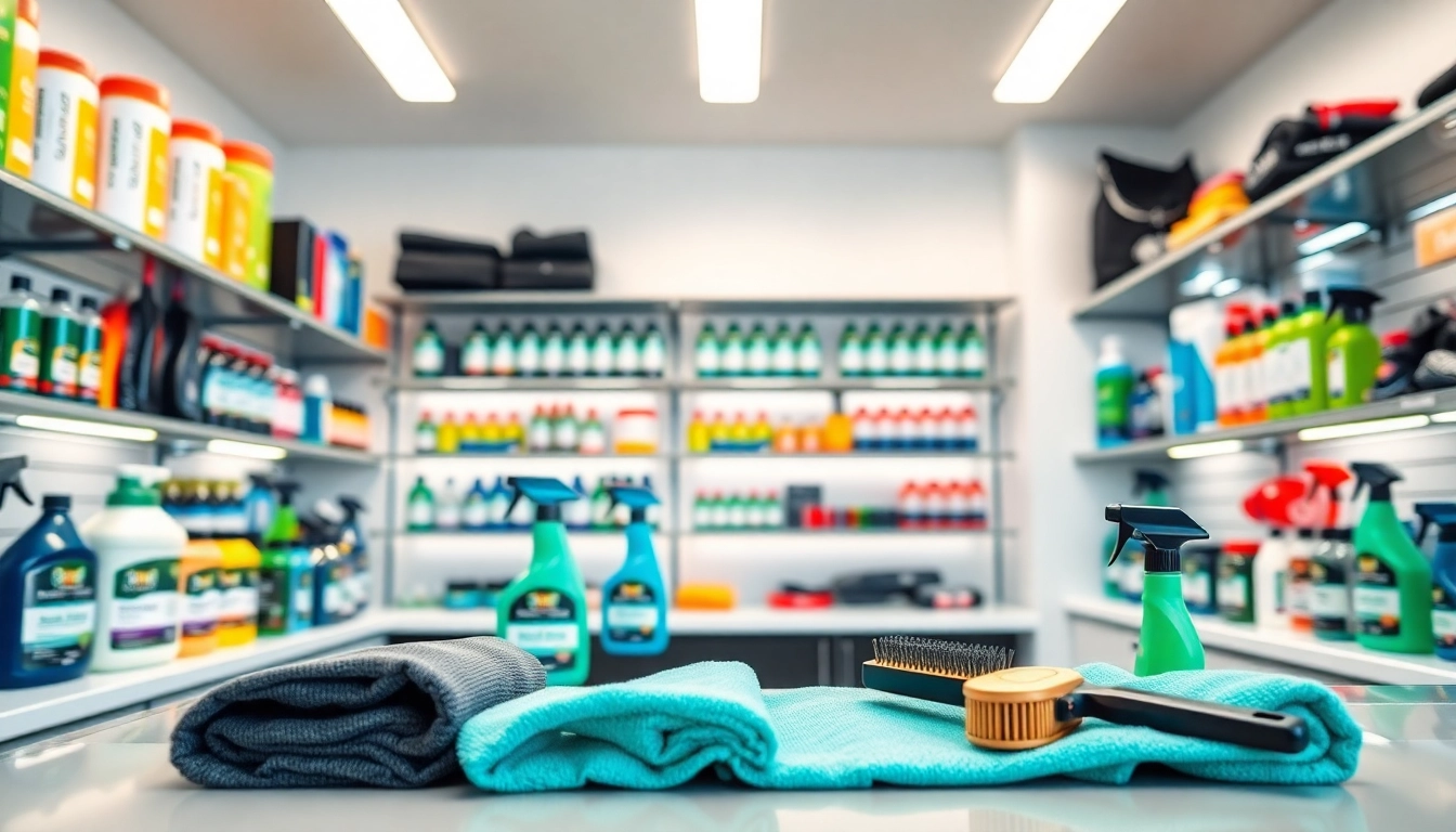 Autopflege Shop mit modernen Reinigungsprodukten, die professionell und einladend präsentiert werden.