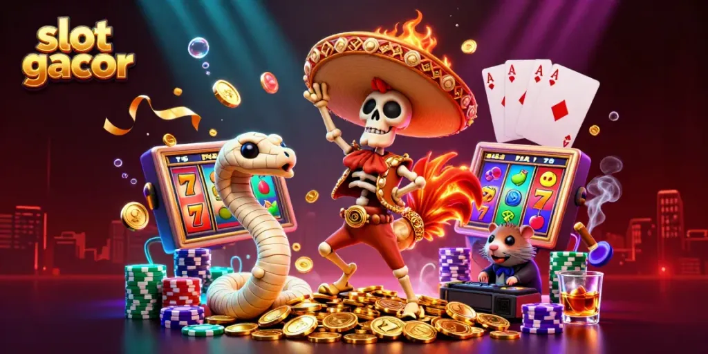 Experience big wins with slot gacor while enjoying vibrant animated fun from a lively victory scene.