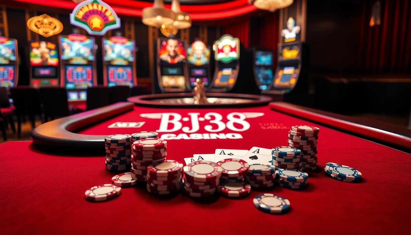 BJ38 branded casino table with poker chips and cards in an elegant setting, inviting high-stakes gameplay.