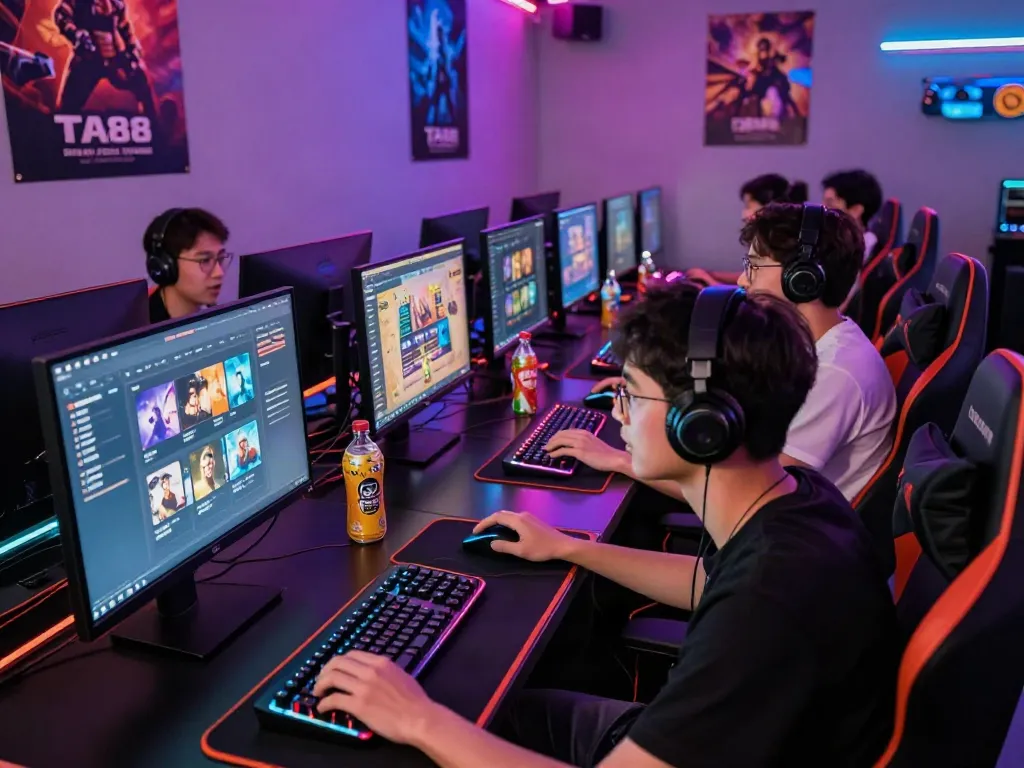 A diverse group enjoying an exciting multiplayer gaming session at TA88, showcasing a vibrant atmosphere and modern gaming equipment.