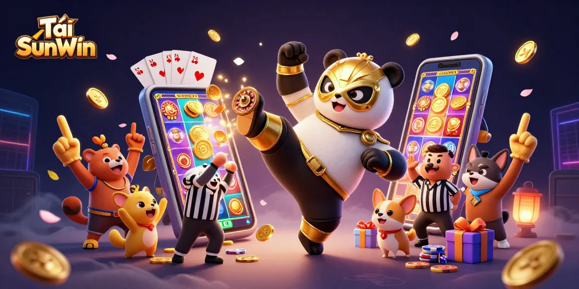 Tải SunWin showcases a 3D panda wrestler leaping over a smartphone displaying exciting slot games.