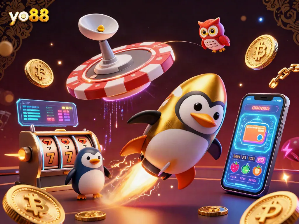 Join the excitement of yo88 with a golden penguin and casino-themed space adventure.