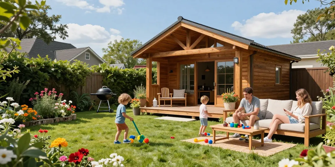 Familie entspannt um ein neues Gartenhaus in einem blühenden Garten.