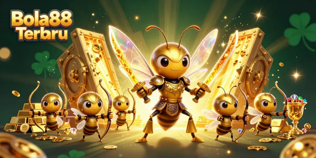 Experience the excitement of Bola88 Terbaru with a golden hornet samurai and treasure-filled scene.