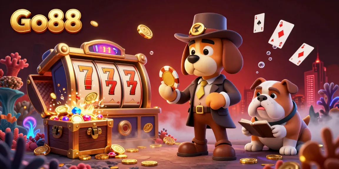 Engage in thrilling action at Go88 with this vibrant casino-themed 3D illustration showcasing exciting game elements and characters.