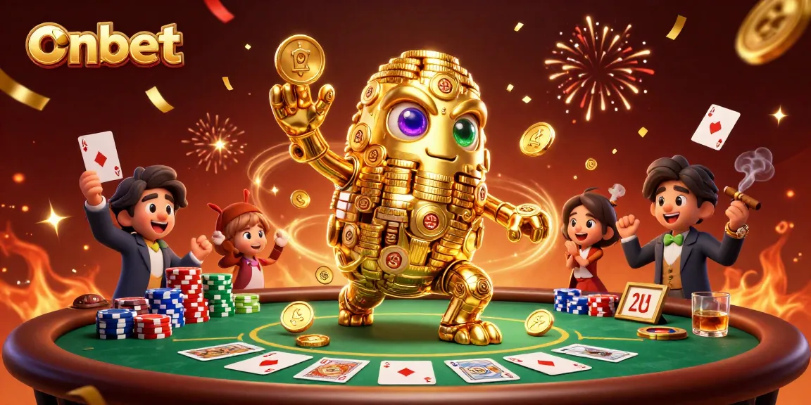 Experience thrilling gaming at onbet with a dynamic scene featuring a golden golem, poker elements, and vibrant casino atmosphere.