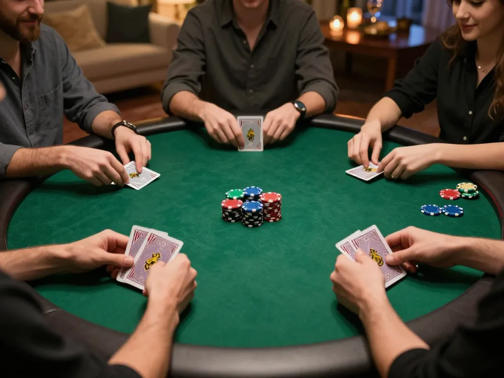 Players engaging in an online poker game at CM88 with warm home lighting creating an inviting atmosphere.