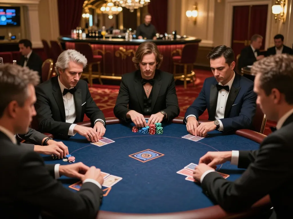 Intense poker gameplay experience at 33WIN, showcasing players in a luxurious casino atmosphere.