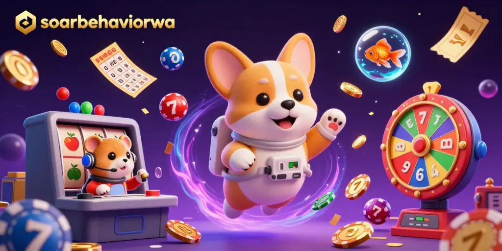 Engage with soarbehaviorwa's vibrant space casino experience, featuring a floating corgi and colorful lottery elements.