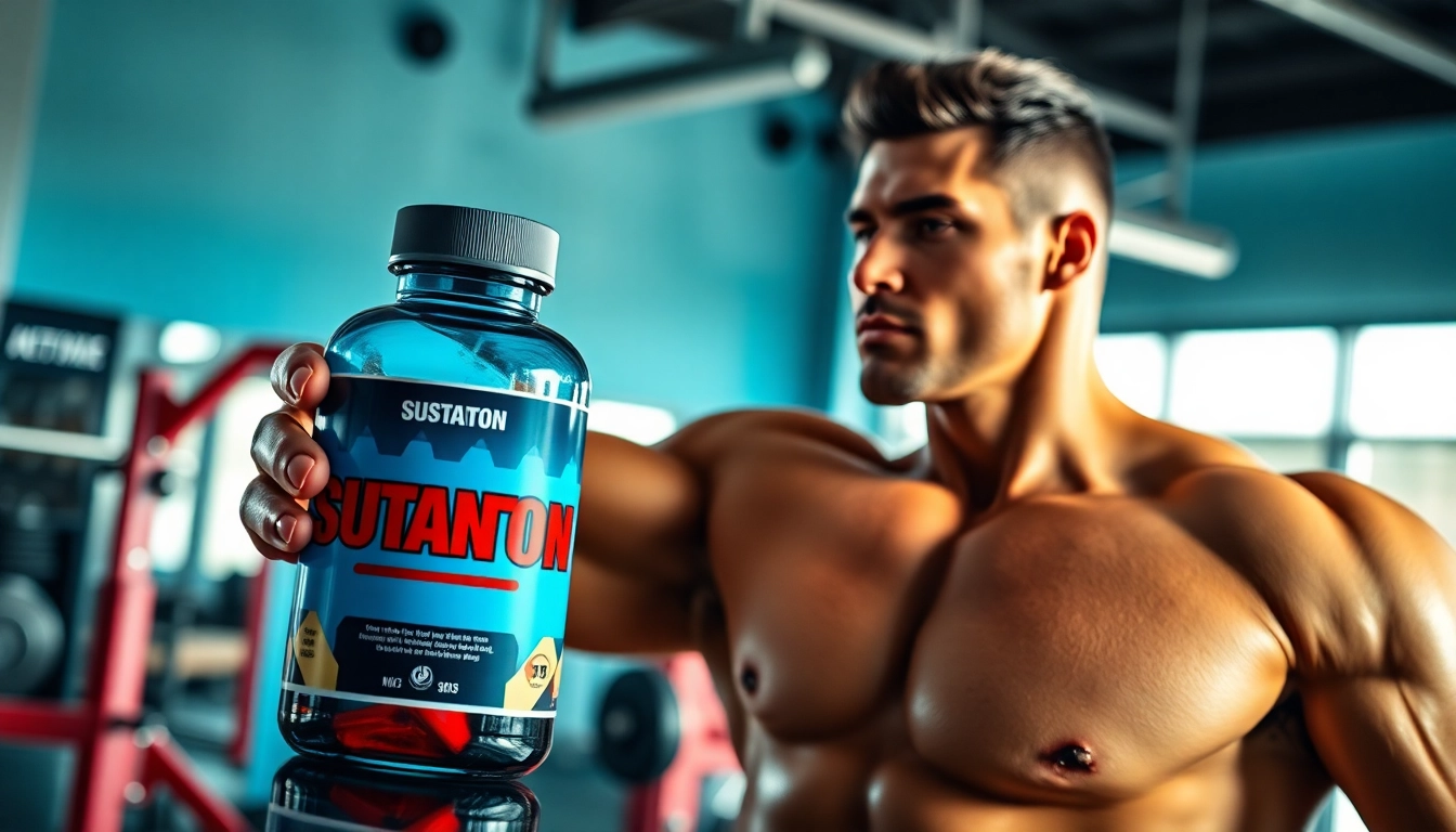 Bodybuilder mit sustanon kaufen in der Hand, im Fitnessstudio mit Gewichten im Hintergrund.