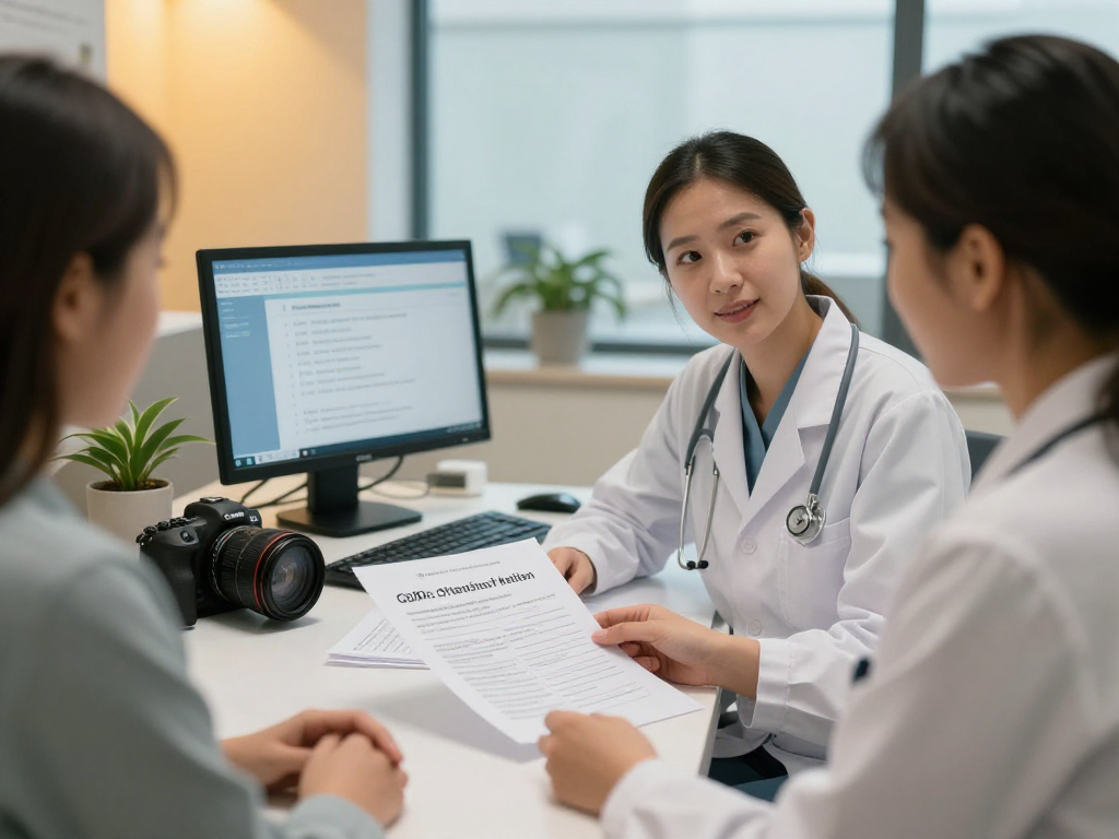 Gesundheitswesen Arzt bei einer Beratung über Datenschutz und Barrierefreiheit in der Praxis.