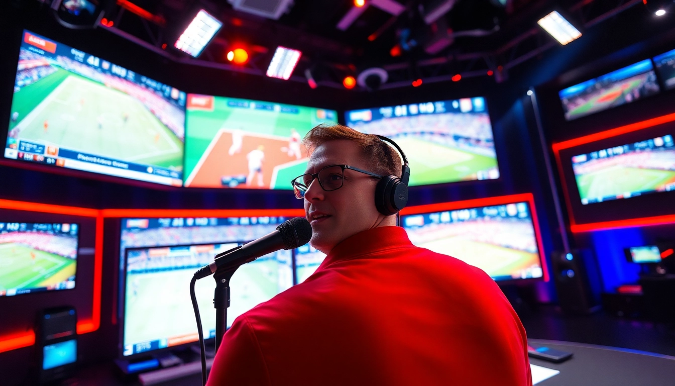 Engaging sports broadcasting studio with announcer sharing live commentary.