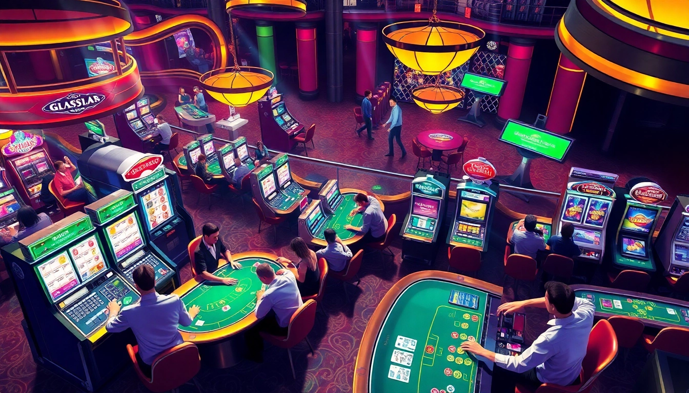Die Welt der casinospiele mit Spielern an Tischen und Spielautomaten, die Spannung zeigen.