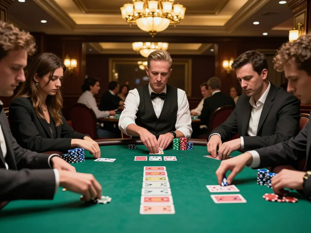 Plagiat scannen at a casino poker table with focused players and community cards