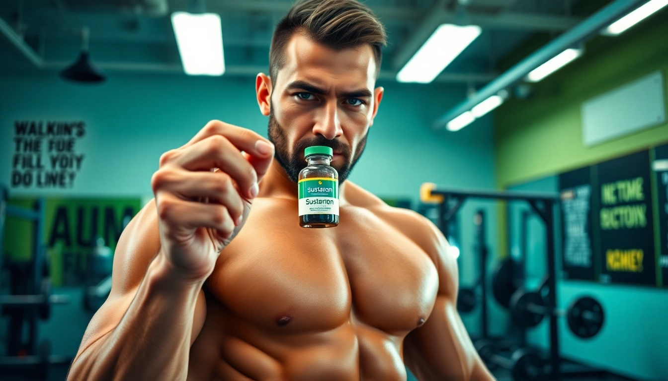 Sustanon kaufen in einem Fitnessstudio mit einem motivierten Sportler, der im Vordergrund steht.