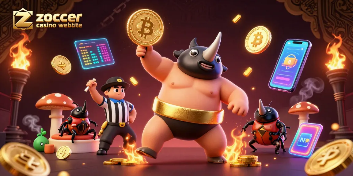 Join the thrilling action at zoccer casino website, surrounded by flying coins and vibrant gaming elements.