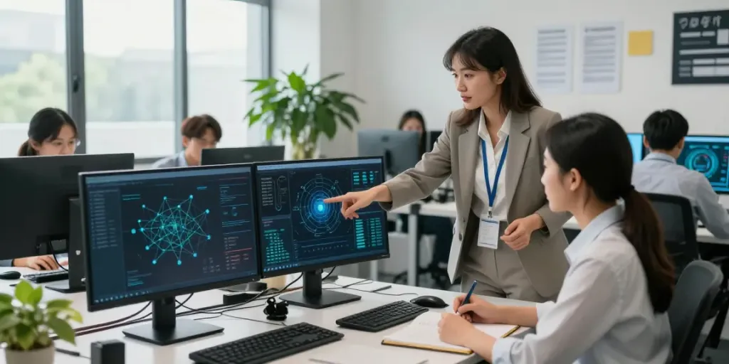 IT-Support Frankfurt - IT-Profis arbeiten zusammen an einer Cybersecurity-Lösung in modernem Büro.