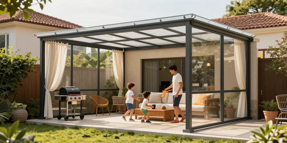Freistehende Terrassenüberdachung in sonnigem Garten, ideal für Outdoor-Aktivitäten.