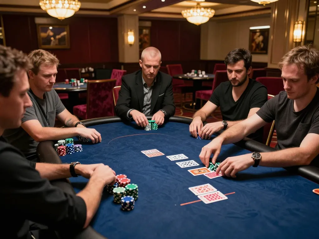 Spieler, die am Pokertisch in einer luxuriösen Umgebung strategisieren, und Immobilienmakler Frankfurt Eschersheim in einer Hochrisikospielatmosphäre präsentieren.