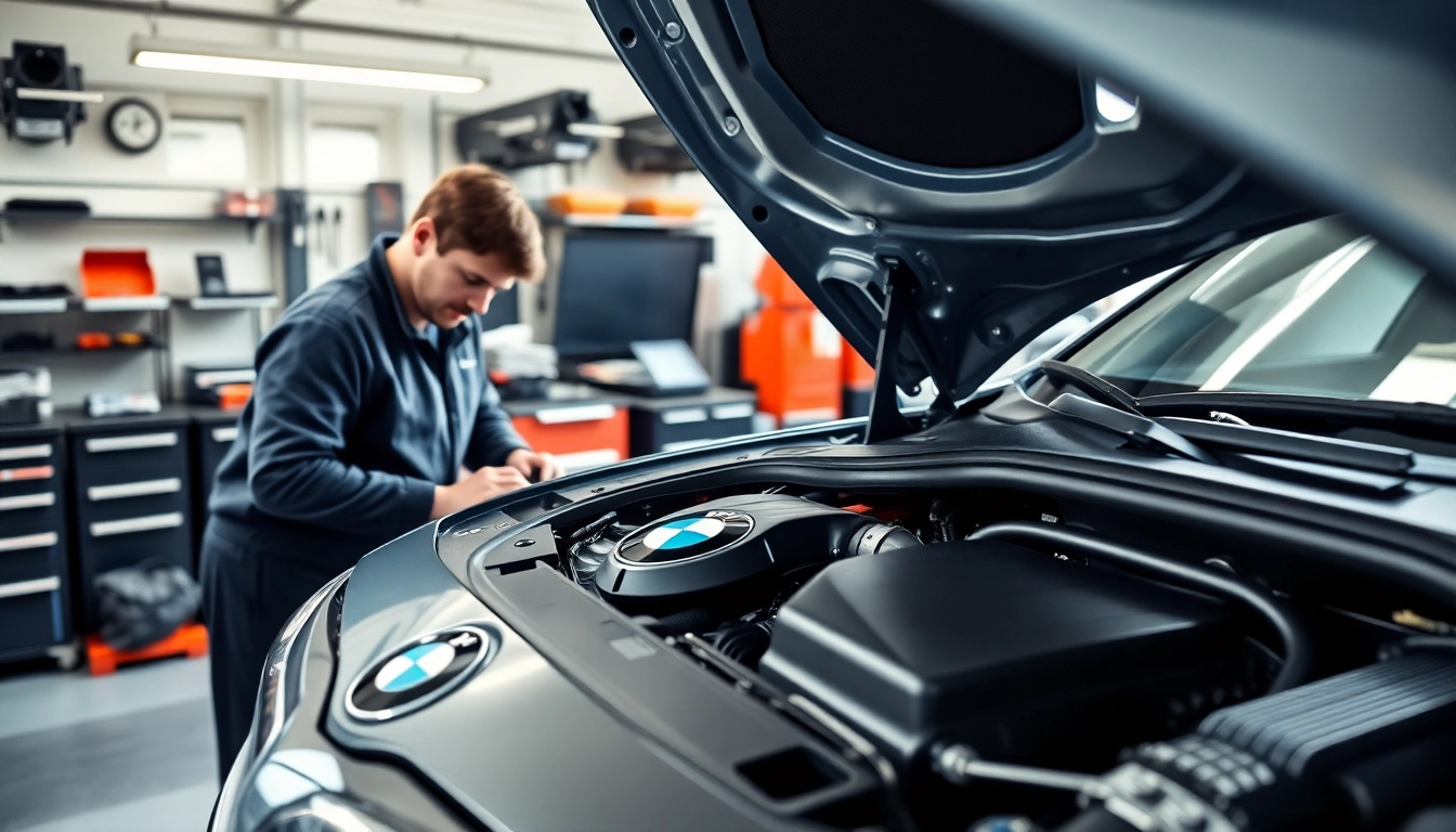 BMW Spezialist arbeitet fachmännisch an einem Fahrzeug in einer modernen Werkstatt.