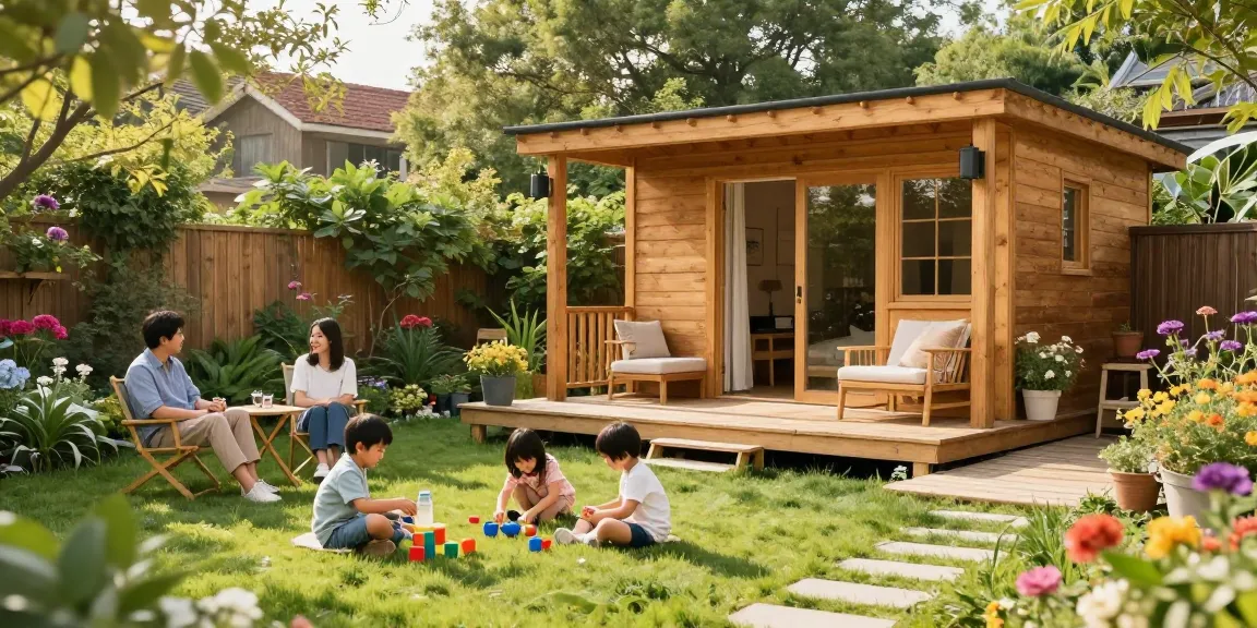 Gartenhaus kaufen: Familie genießt Zeit in ihrem Gartenhaus mit schönen Blumen und Möbeln.