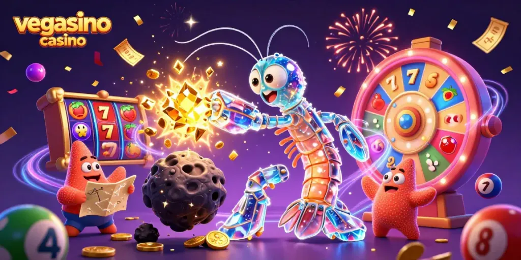 Action-packed scene from vegasino casino featuring vibrant slot games and magical characters.