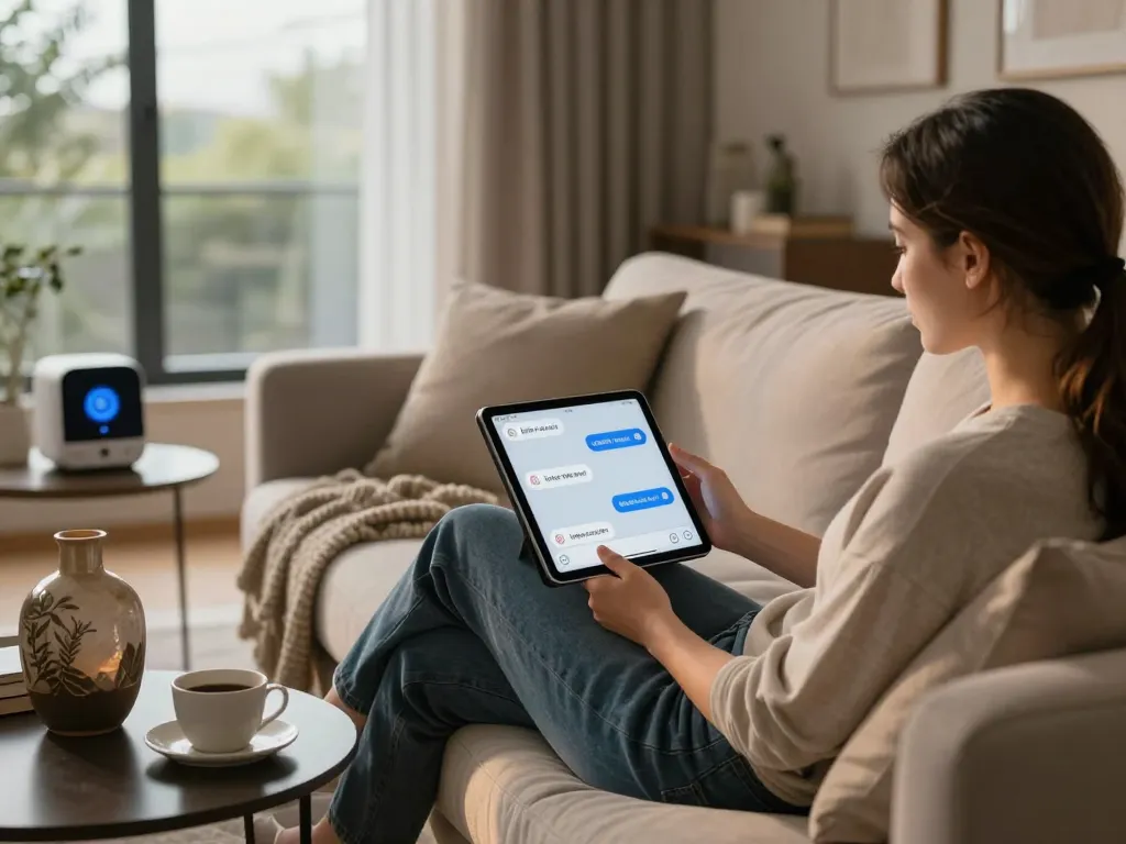 Engaging user interacting with an nsfw chat bot on a tablet in a cozy living room.