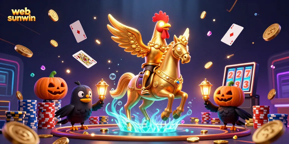 Experience the excitement of web sunwin with a golden rooster and spectral horse in a vibrant casino scene.