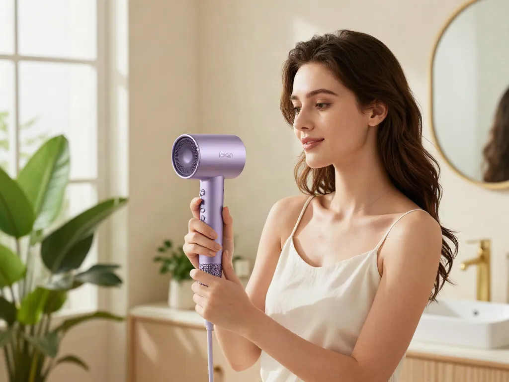 Laifen de Haartrockner in stilvollem Badezimmer, innovative Technologie und elegantes Design.