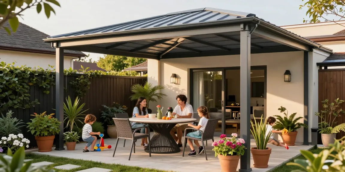 Moderne Terrassenüberdachungen in einem einladenden Garten mit Sitzbereich und Pflanzen.