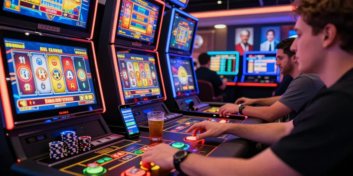 Online casino player engaged in สล็อตเว็บตรง gameplay with vibrant slot machines, vibrant atmosphere and gaming community.