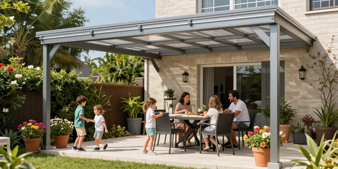 Moderne Terrassenüberdachung mit eleganter Familie, die in der Sonne entspannt.