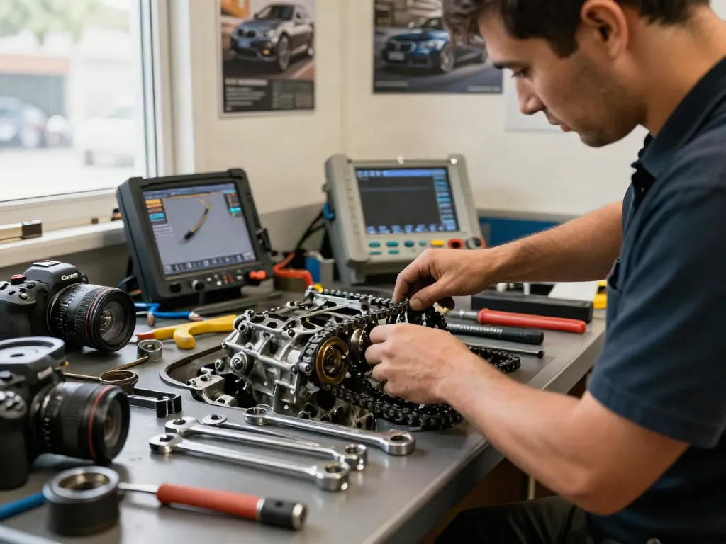 Mechaniker wechselt die BMW Steuerkette in Hannover mit professionellem Werkzeug in der Werkstatt.