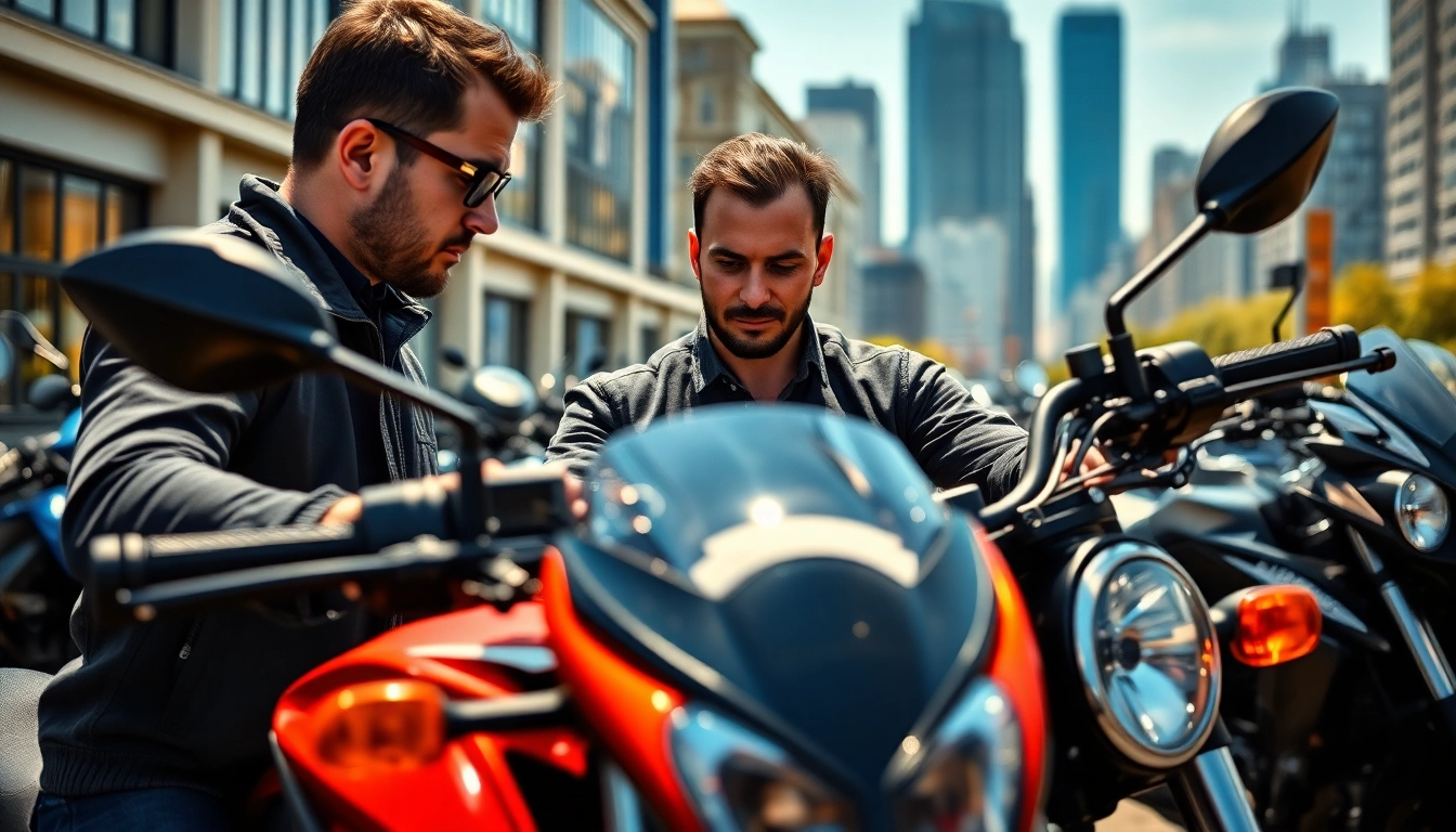Motorrad Gutachter prüft ein Motorrad in einer lebhaften Stadtumgebung.
